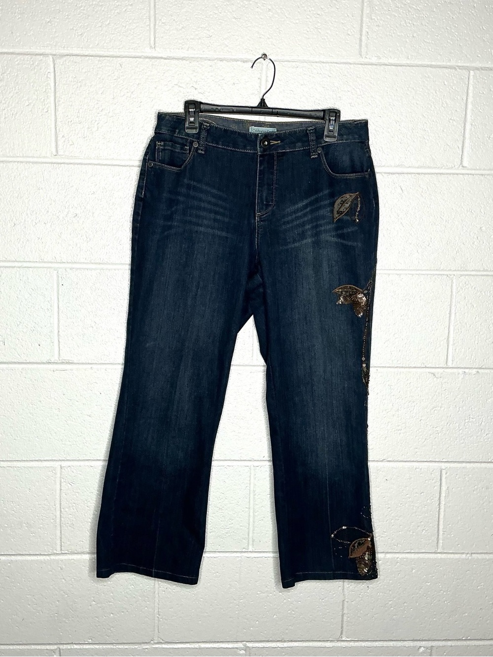 < Coldwater Creek Flare Jeans With Sequins Leaf Pattern Embellishments >